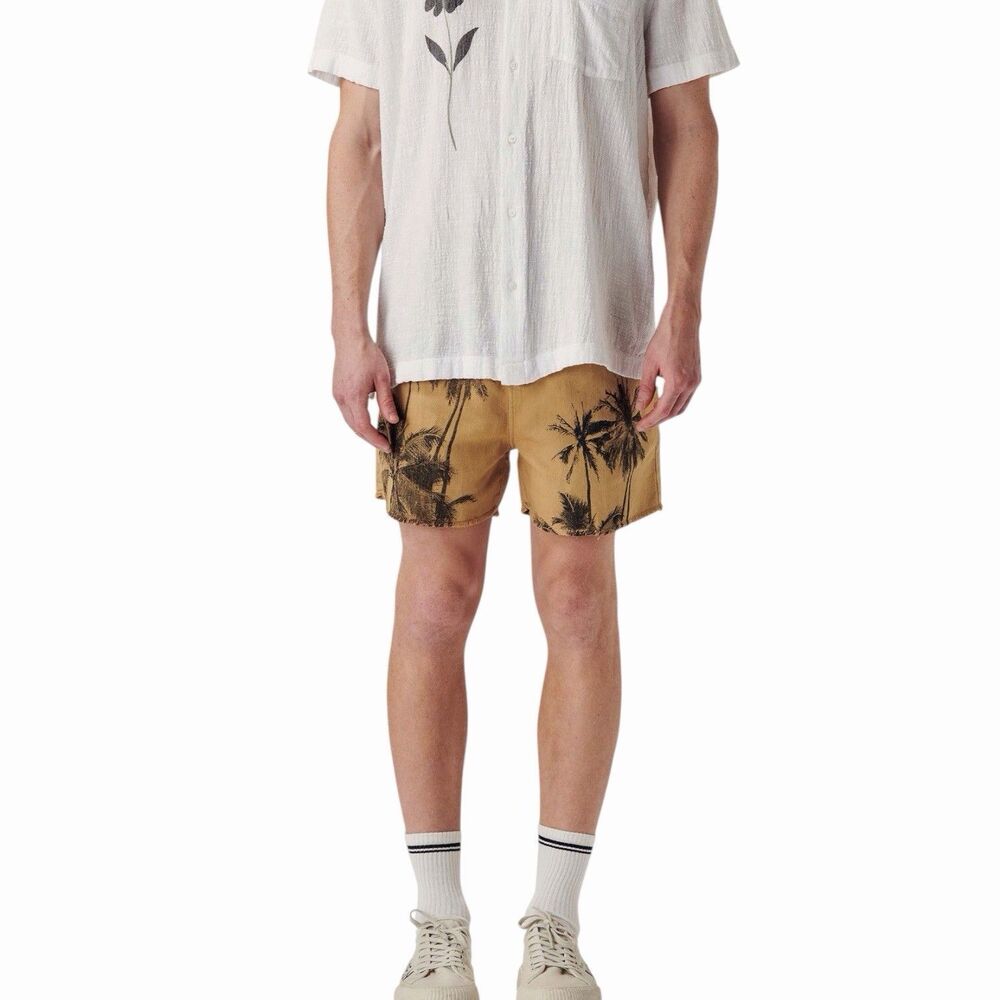 Osklen Men's Palm Tree Print Shorts 38 Beige Cotton Hemp Frayed Hem Brown 32" W